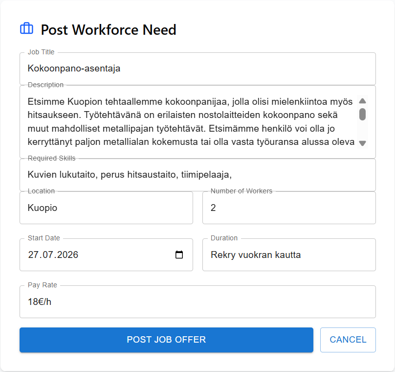 Työtehtävän kuvaus ja vaatimukset